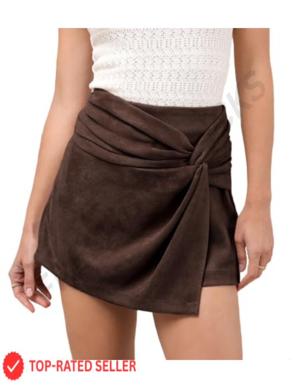Faux Suede Mini Skort for Women Wrap Knot Ruched Short Skirt